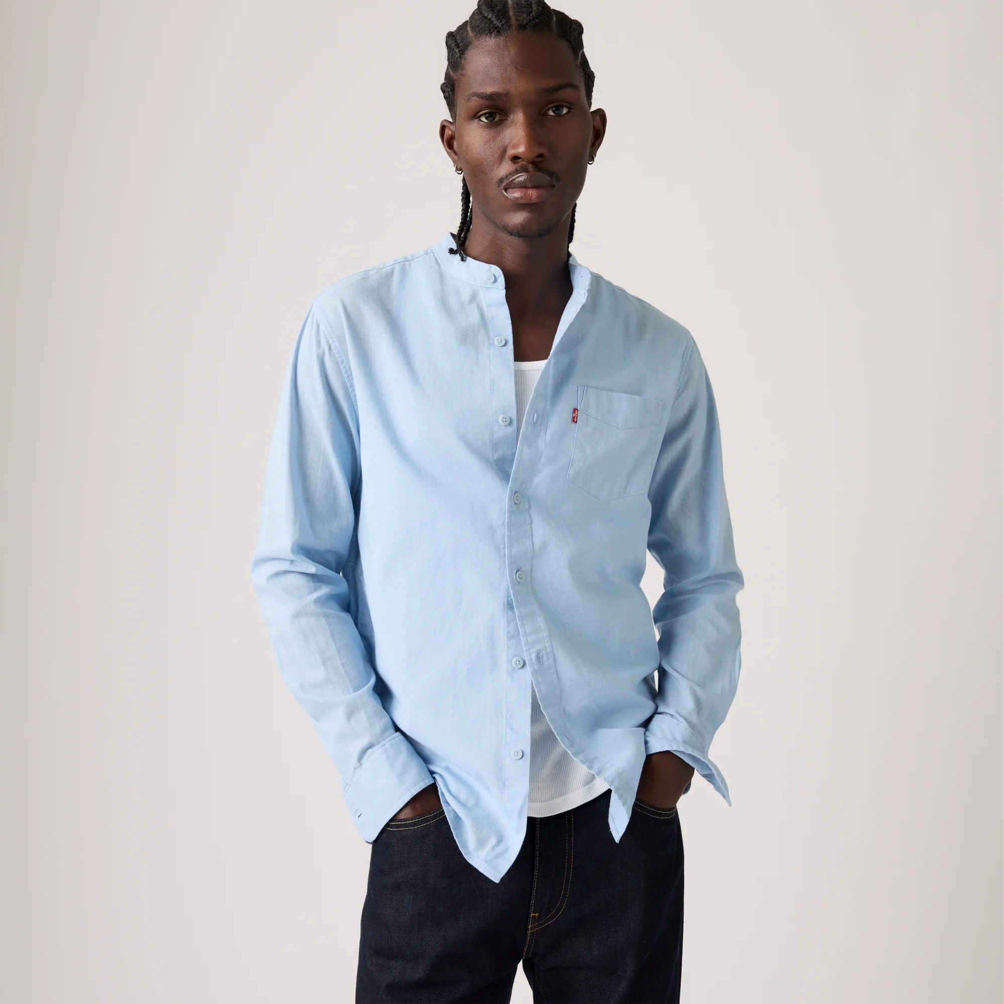 LEVI'S® MEN'S LINEN BLEND BANDED COLLAR 1 POCKET SHIRT - MULTI COLOUR